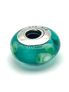 Pandora Teal Green Flower Murano Glass Bead Charm with Sterling Silver Vintage